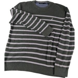 Nautica NavTech Men's Sweater XXL Green White Striped with logo Warm Cozy Winter